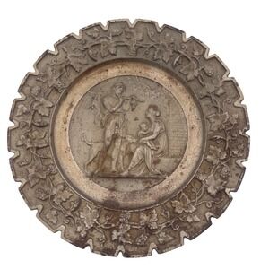 Antique Metal Wall Plate Decorative Relief Scene Vine Border